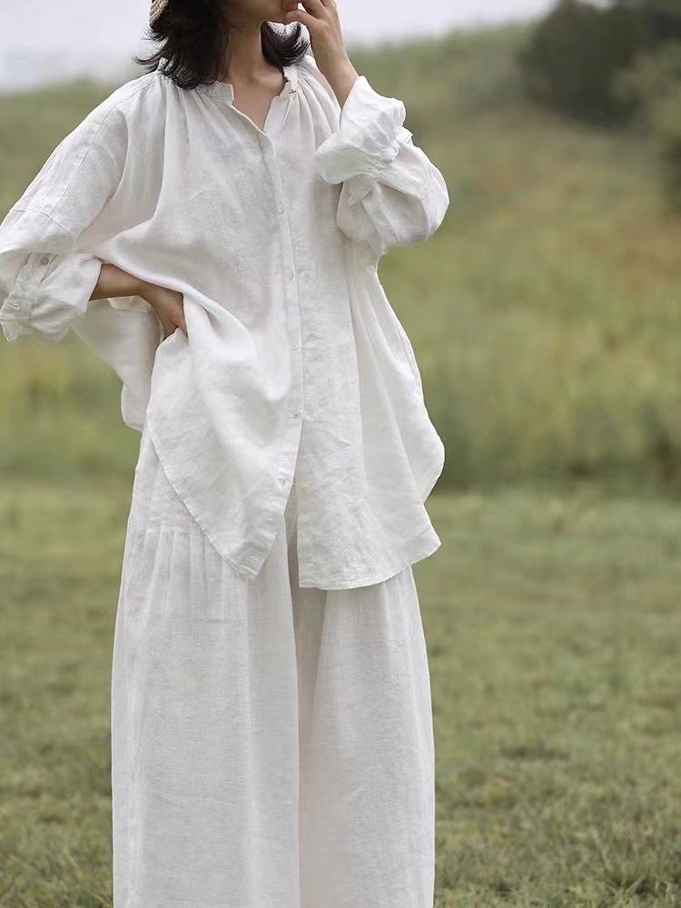 Linen Pant Wide - Conjunto de Camisa de Algodão e
